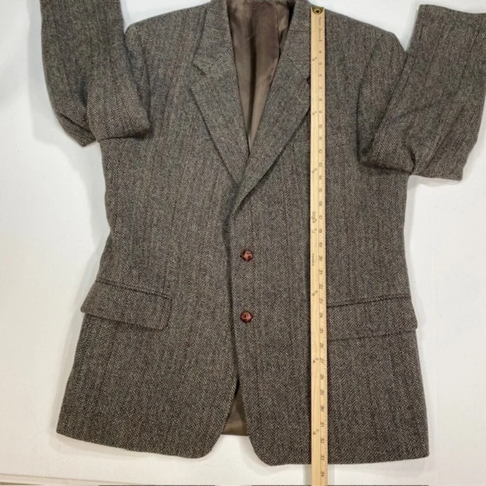 Mens 44L Brown Tweed Herringbone 100% Wool Blazer Jacket English Manor - Picture 6 of 15